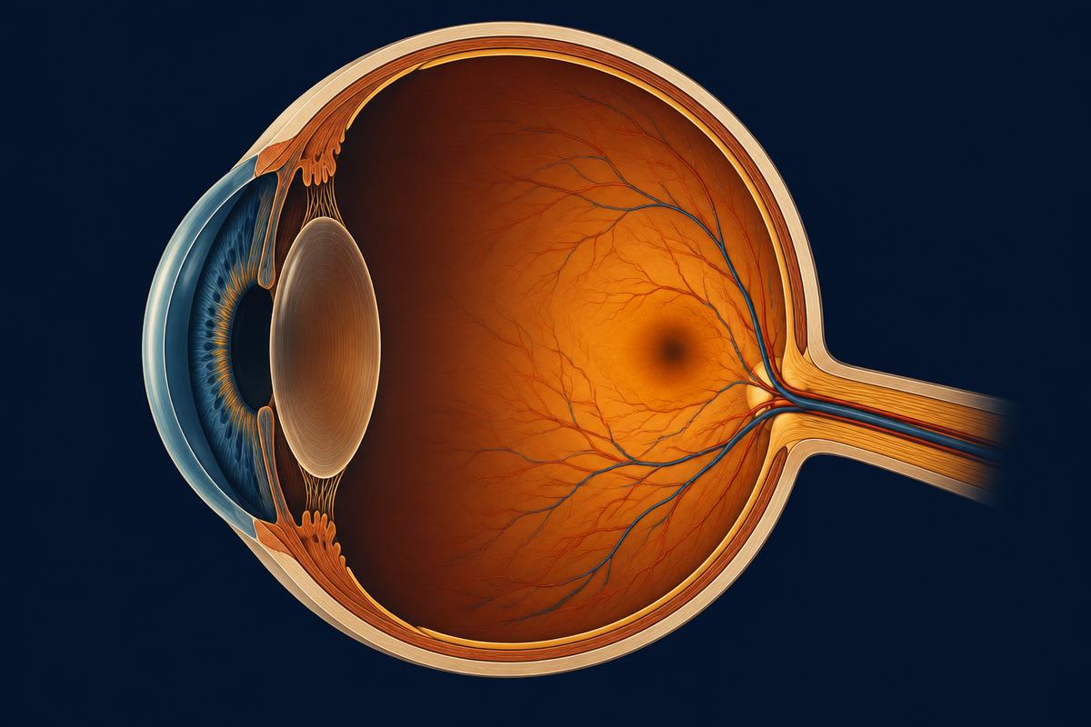 Cross-section illustration of the human eye with the macula at the centre of the retina