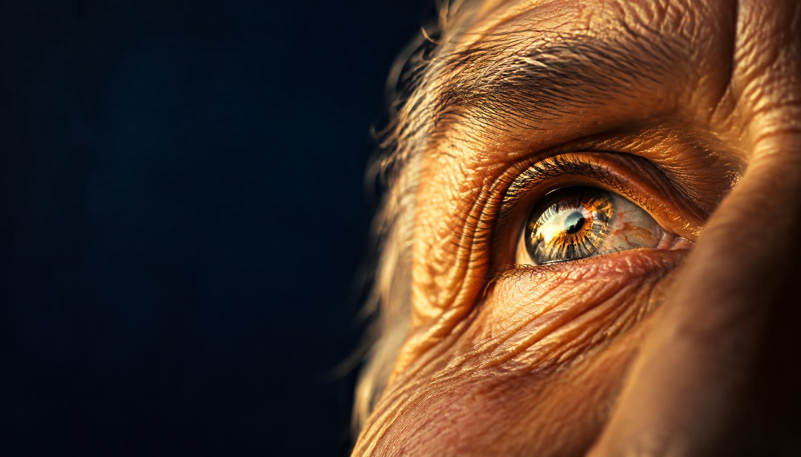 Close-up of an older person's eye in warm light