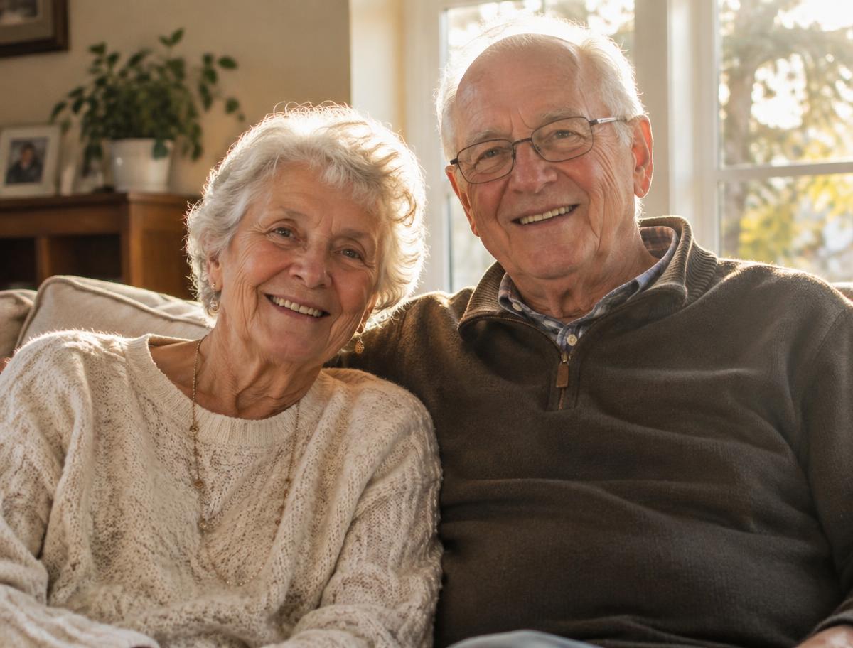 Smiling elderly couple — shown with and without simulated AMD vision loss